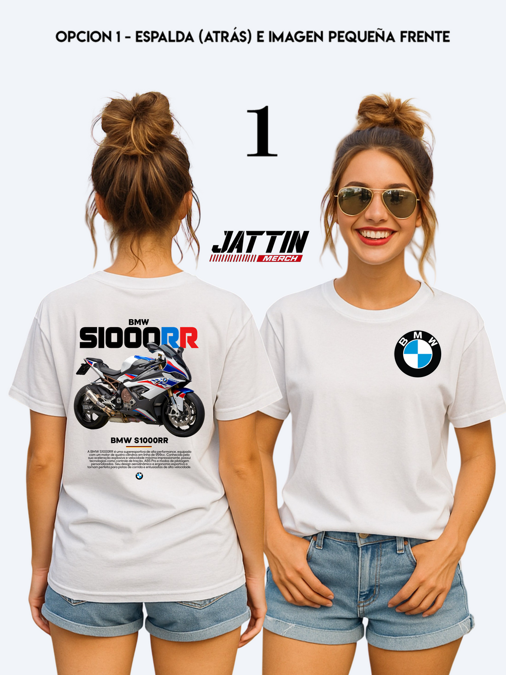 Camiseta blanca de algodón premium con estampado detallado en el pecho de la motocicleta supersport BMW S1000RR en color blanco y rojo, diseño exclusivo para motociclistas.