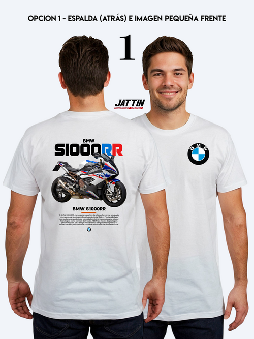 Camiseta blanca de algodón premium con estampado detallado en el pecho de la motocicleta supersport BMW S1000RR en color blanco y rojo, diseño exclusivo para motociclistas.