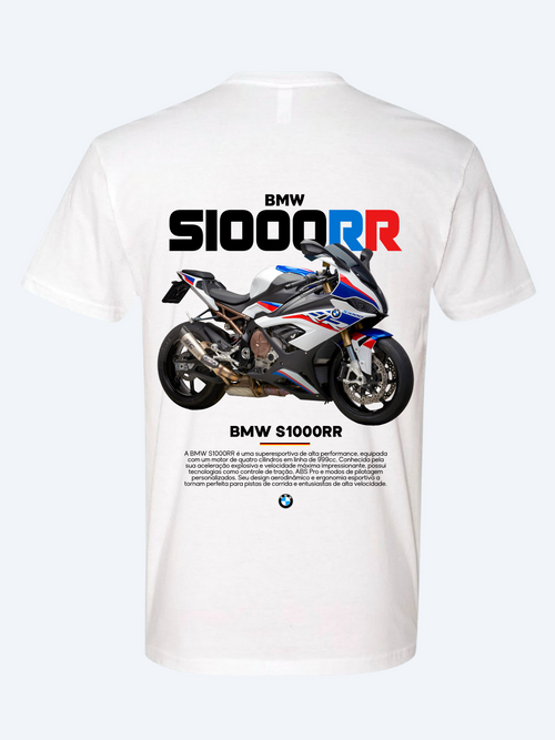 Camiseta blanca de algodón premium con estampado detallado en el pecho de la motocicleta supersport BMW S1000RR en color blanco y rojo, diseño exclusivo para motociclistas.
