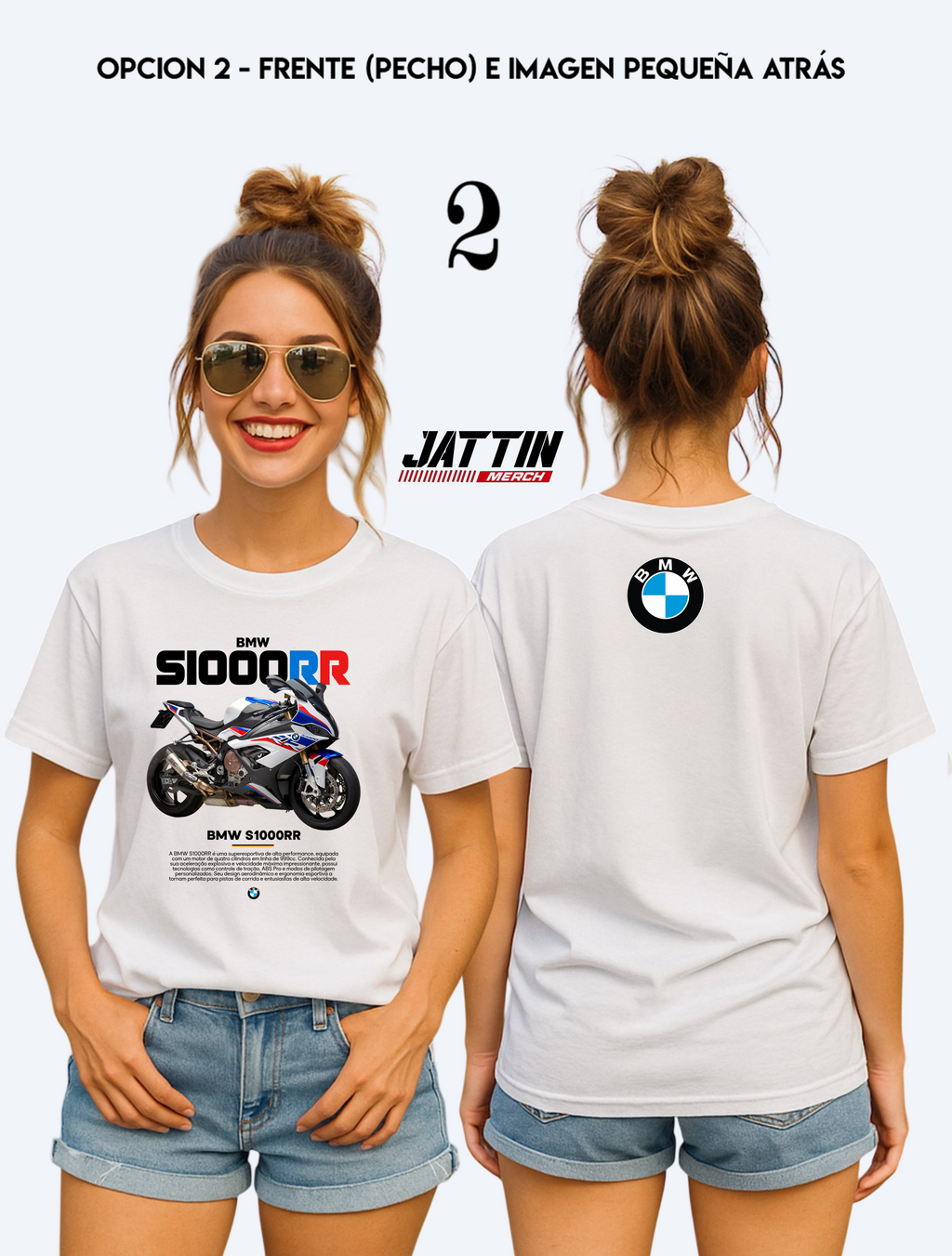 Camiseta blanca de algodón premium con estampado detallado en el pecho de la motocicleta supersport BMW S1000RR en color blanco y rojo, diseño exclusivo para motociclistas.
