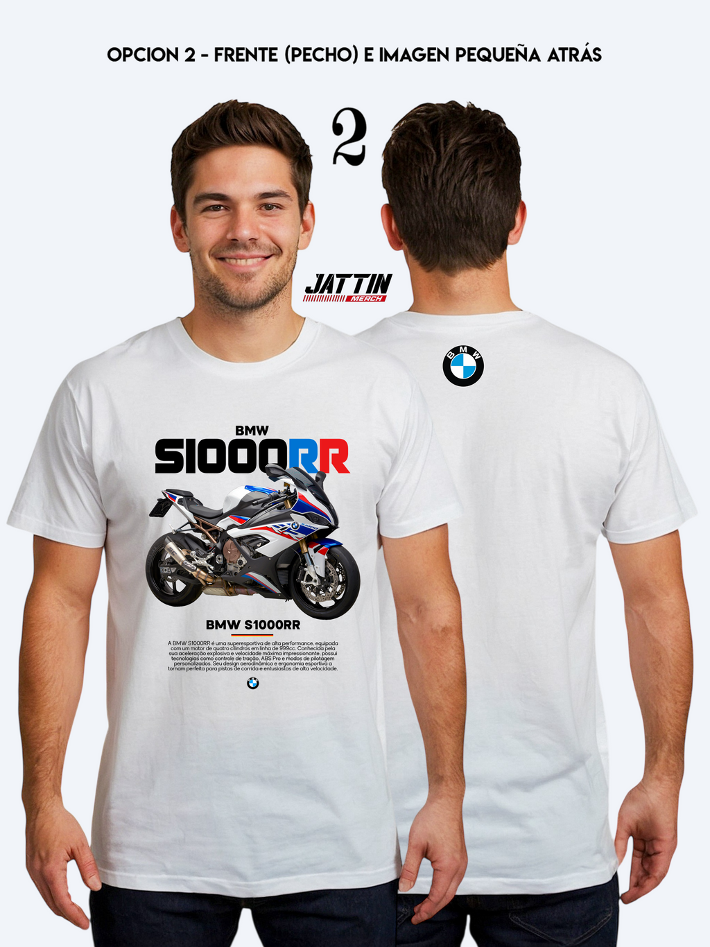 Camiseta blanca de algodón premium con estampado detallado en el pecho de la motocicleta supersport BMW S1000RR en color blanco y rojo, diseño exclusivo para motociclistas.