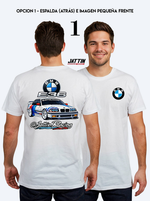 Diseño de camiseta de Jattin Racing con un BMW E36 sedán de competición, logotipo de BMW, insignia E36 metálica y firma de marca sobre fondo BLANCO