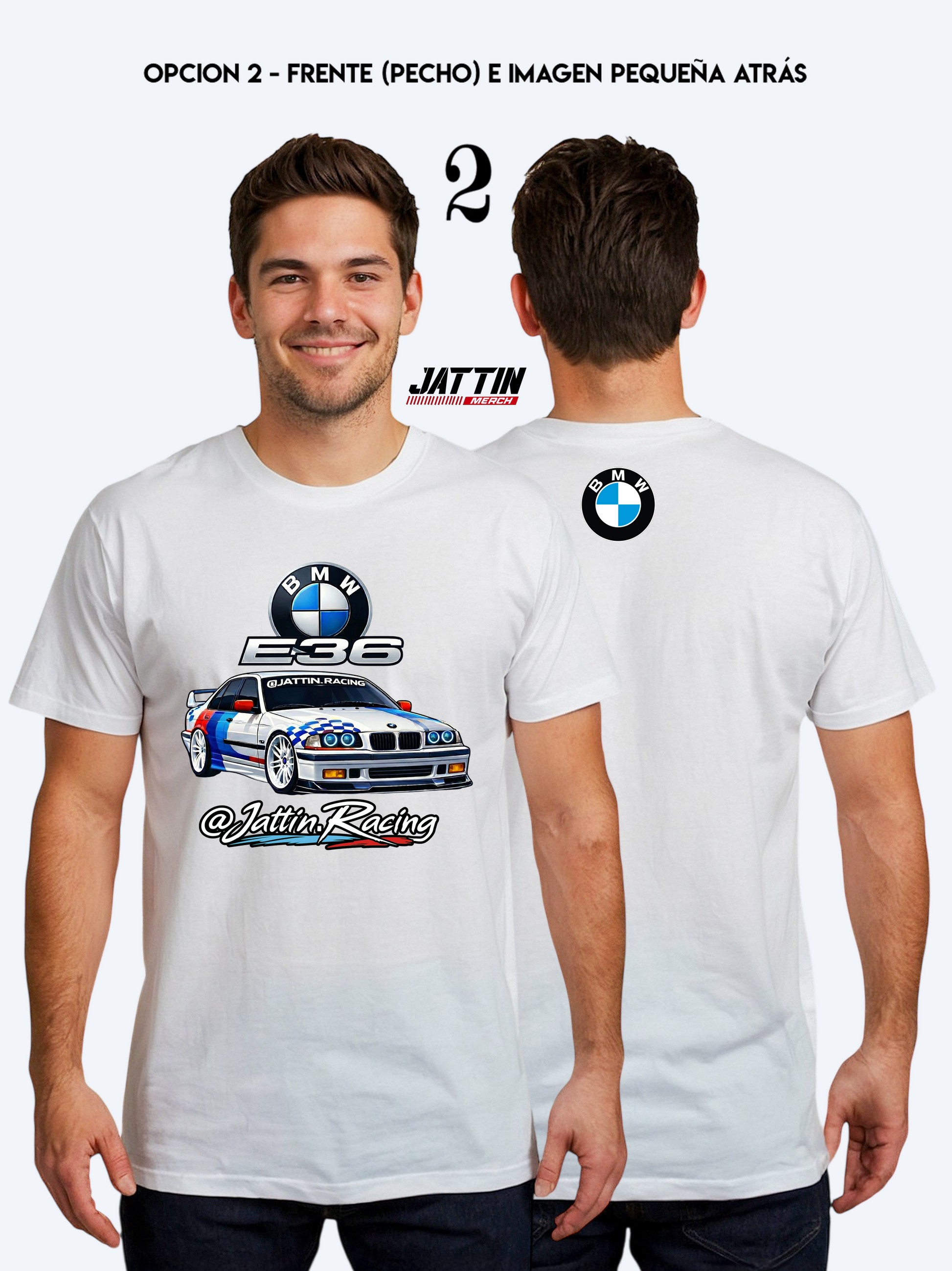 Diseño de camiseta de Jattin Racing con un BMW E36 sedán de competición, logotipo de BMW, insignia E36 metálica y firma de marca sobre fondo BLANCO