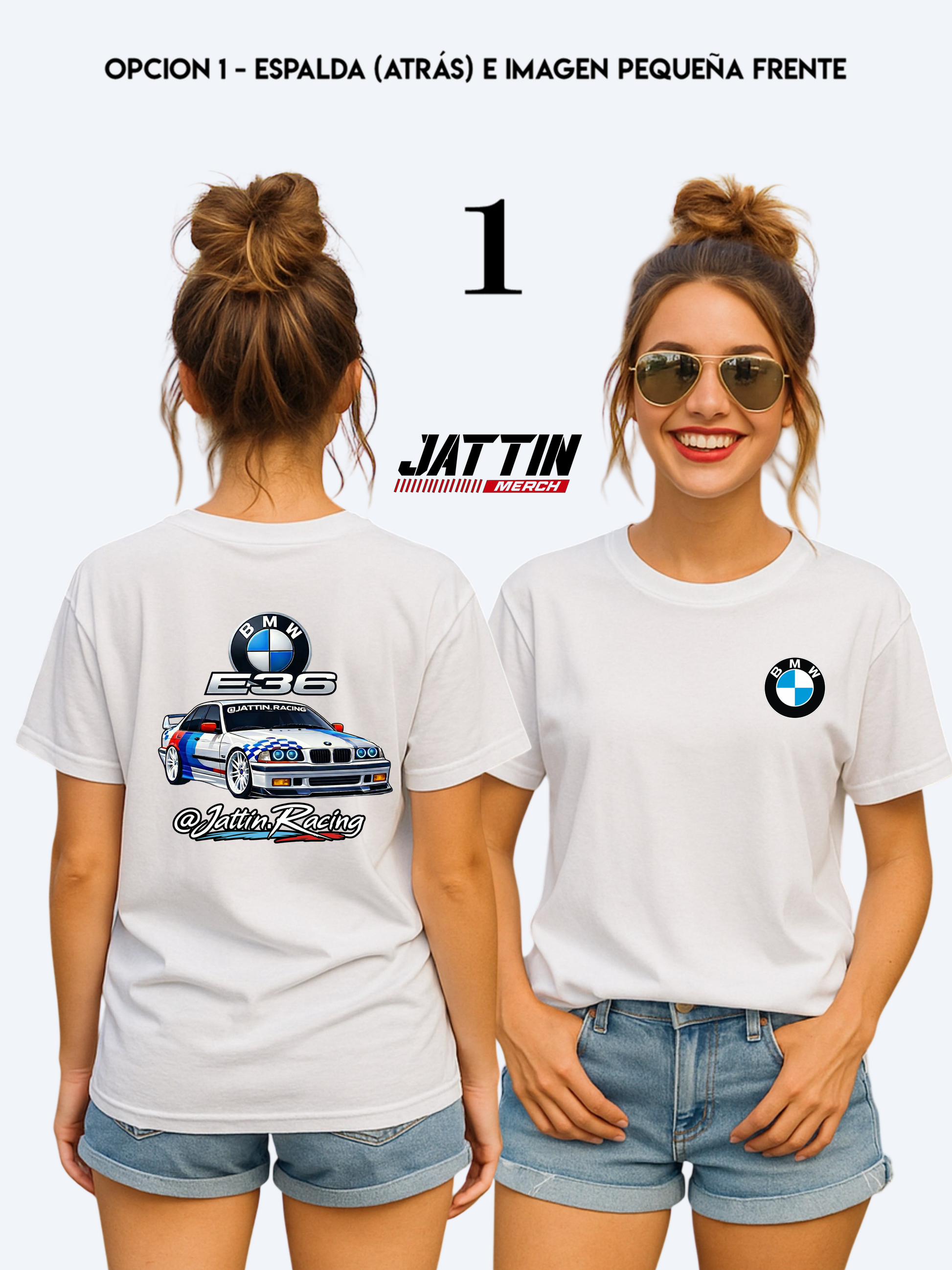 Diseño de camiseta de Jattin Racing con un BMW E36 sedán de competición, logotipo de BMW, insignia E36 metálica y firma de marca sobre fondo BLANCO
