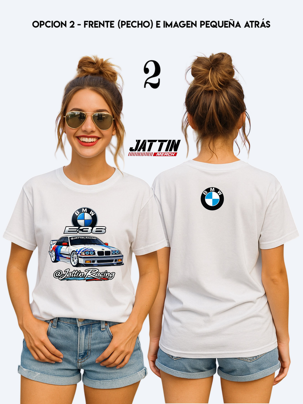 Diseño de camiseta de Jattin Racing con un BMW E36 sedán de competición, logotipo de BMW, insignia E36 metálica y firma de marca sobre fondo BLANCO
