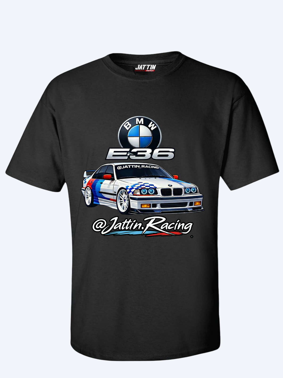 Diseño de camiseta de Jattin Racing con un BMW E36 sedán de competición, logotipo de BMW, insignia E36 metálica y firma de marca sobre fondo negro