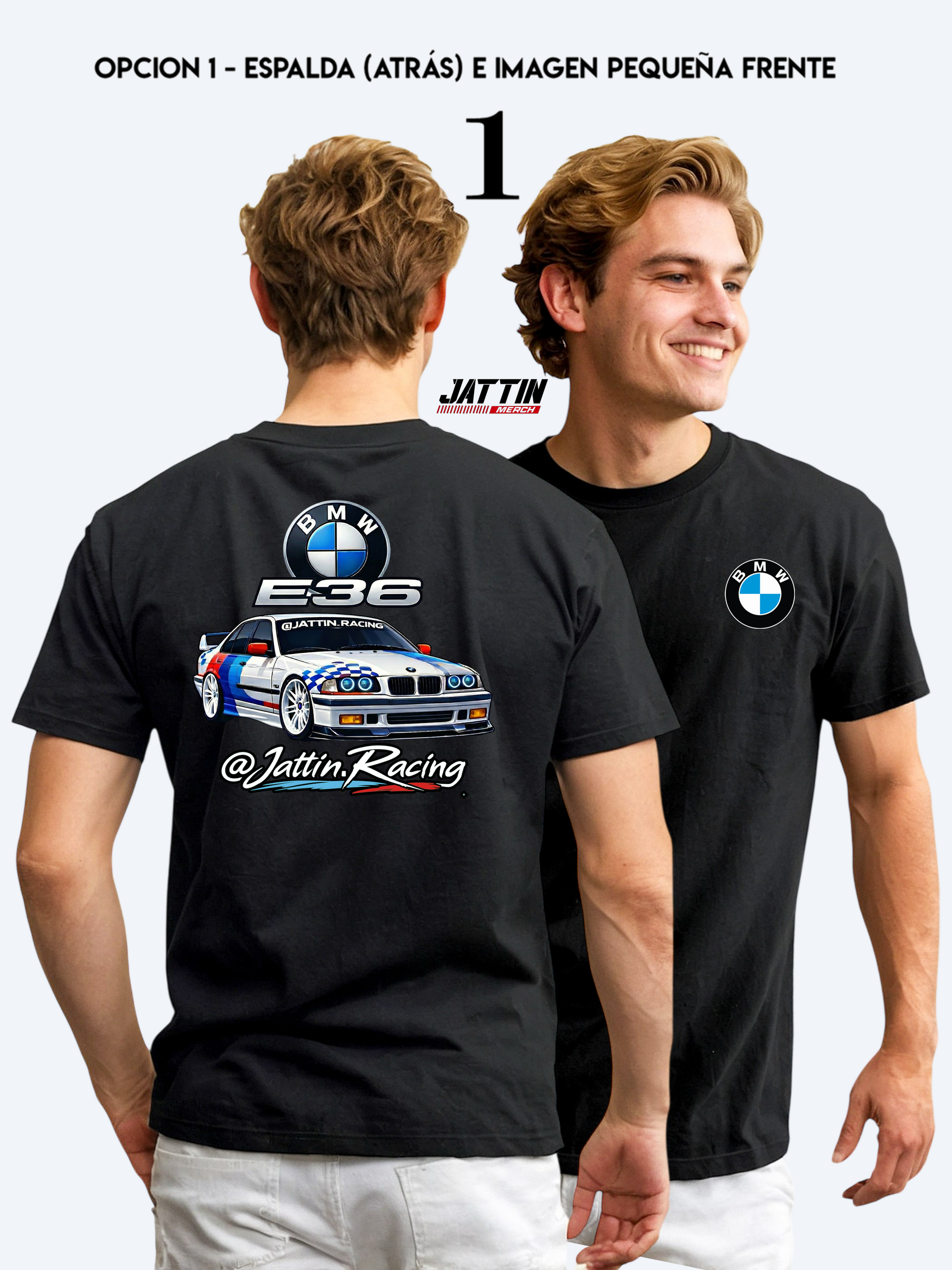 Diseño de camiseta de Jattin Racing con un BMW E36 sedán de competición, logotipo de BMW, insignia E36 metálica y firma de marca sobre fondo negro