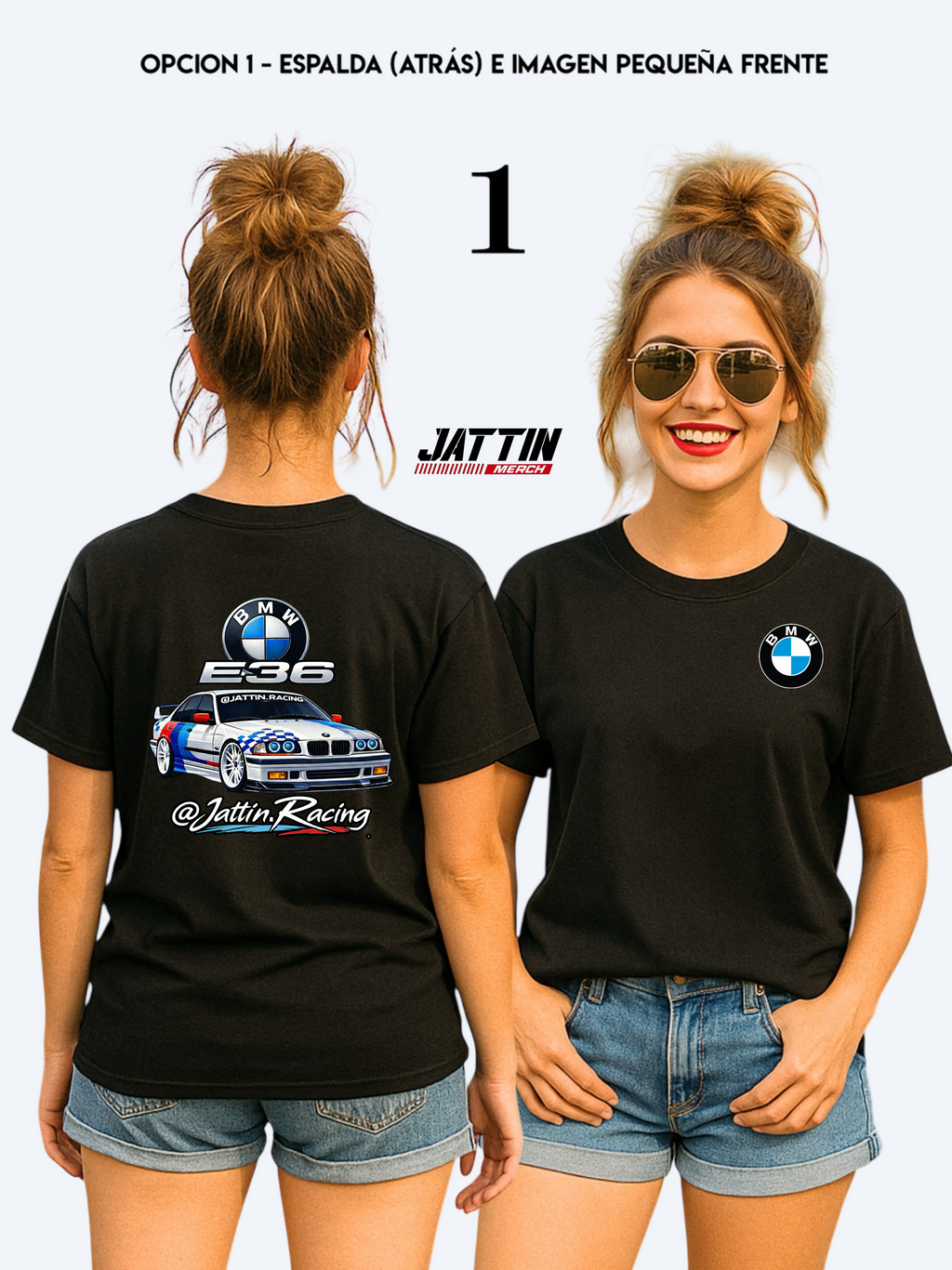 Diseño de camiseta de Jattin Racing con un BMW E36 sedán de competición, logotipo de BMW, insignia E36 metálica y firma de marca sobre fondo negro