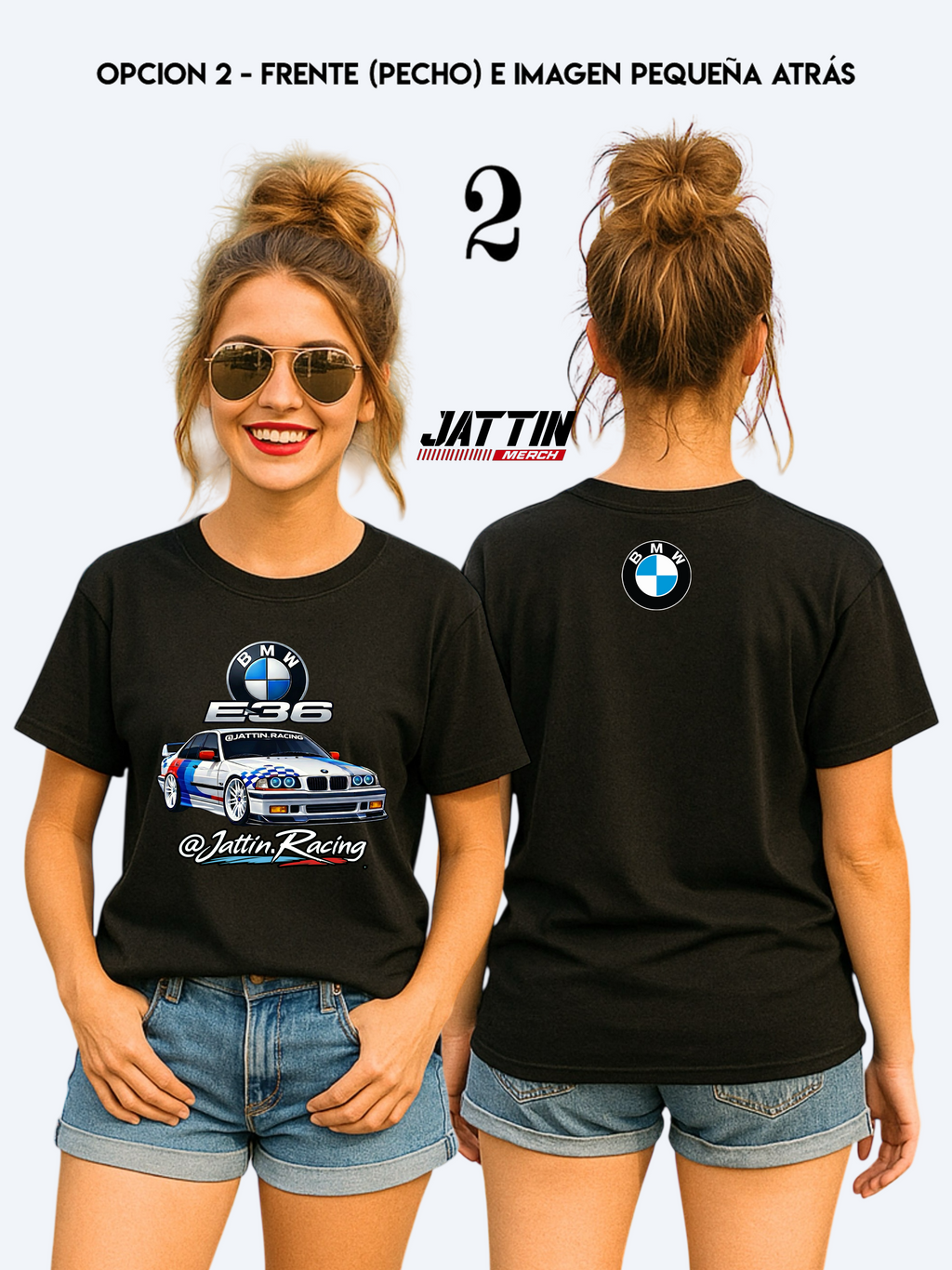 Diseño de camiseta de Jattin Racing con un BMW E36 sedán de competición, logotipo de BMW, insignia E36 metálica y firma de marca sobre fondo negro