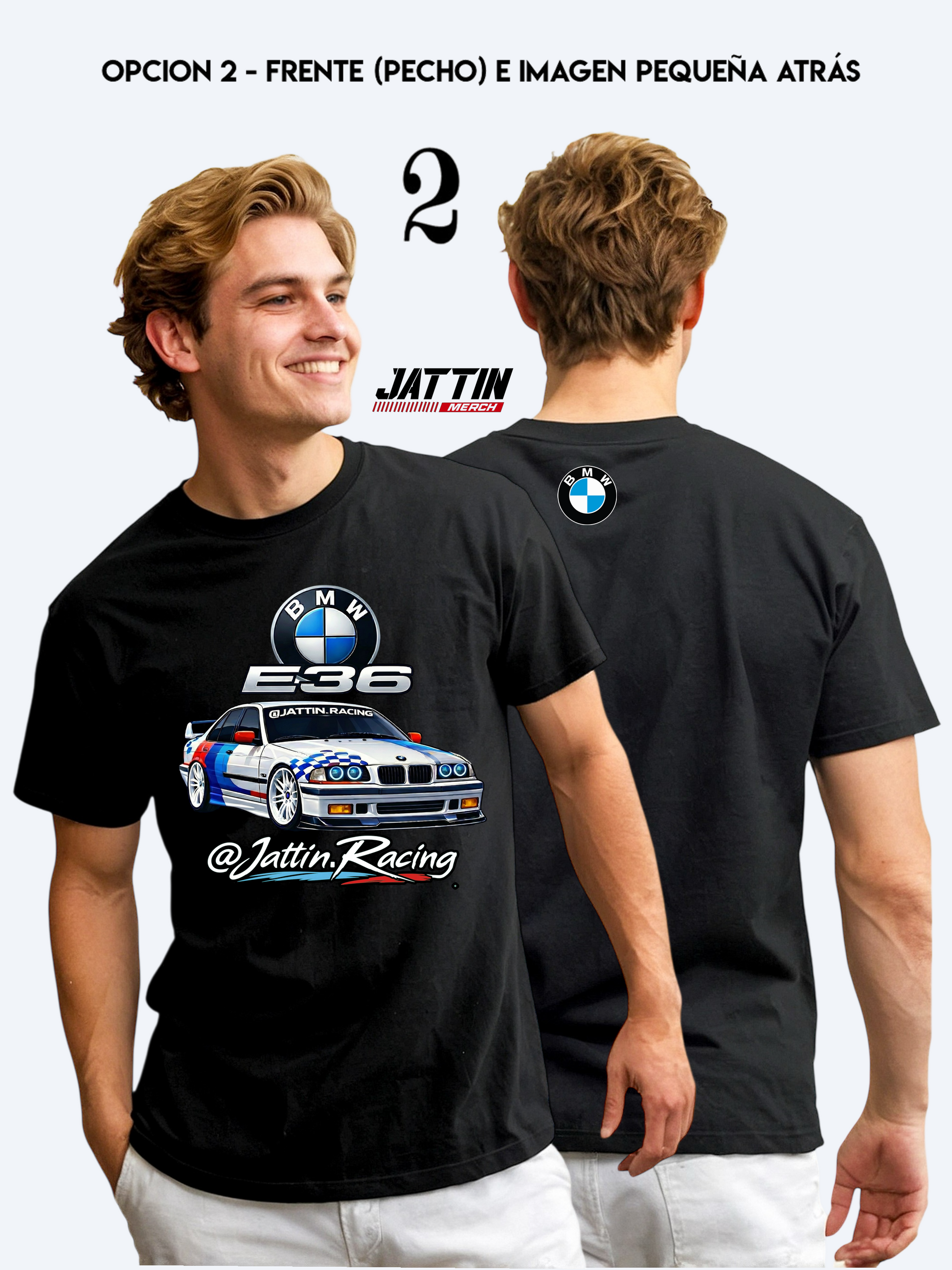 Diseño de camiseta de Jattin Racing con un BMW E36 sedán de competición, logotipo de BMW, insignia E36 metálica y firma de marca sobre fondo negro