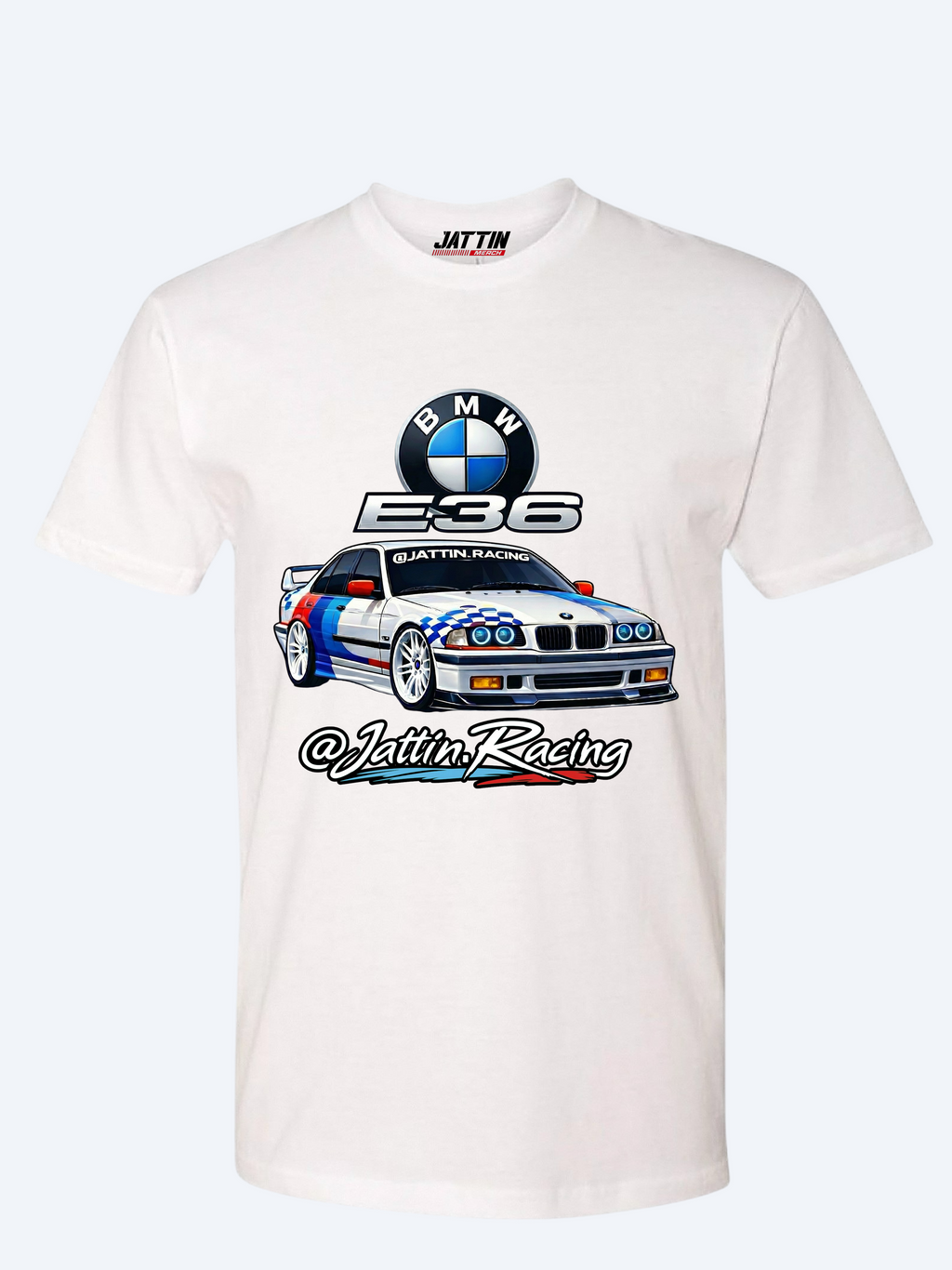 Diseño de camiseta de Jattin Racing con un BMW E36 sedán de competición, logotipo de BMW, insignia E36 metálica y firma de marca sobre fondo BLANCO