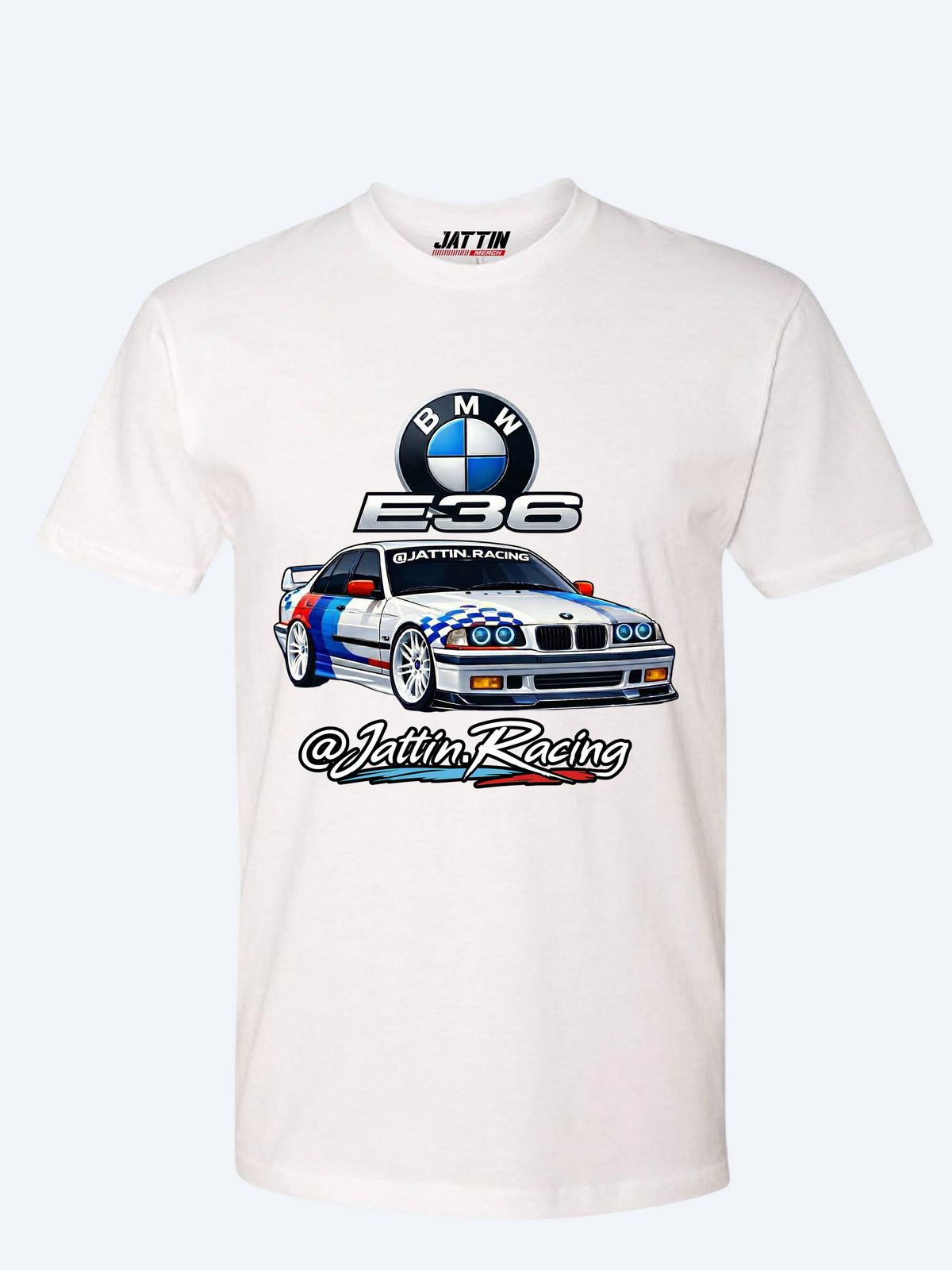 Diseño de camiseta de Jattin Racing con un BMW E36 sedán de competición, logotipo de BMW, insignia E36 metálica y firma de marca sobre fondo BLANCO