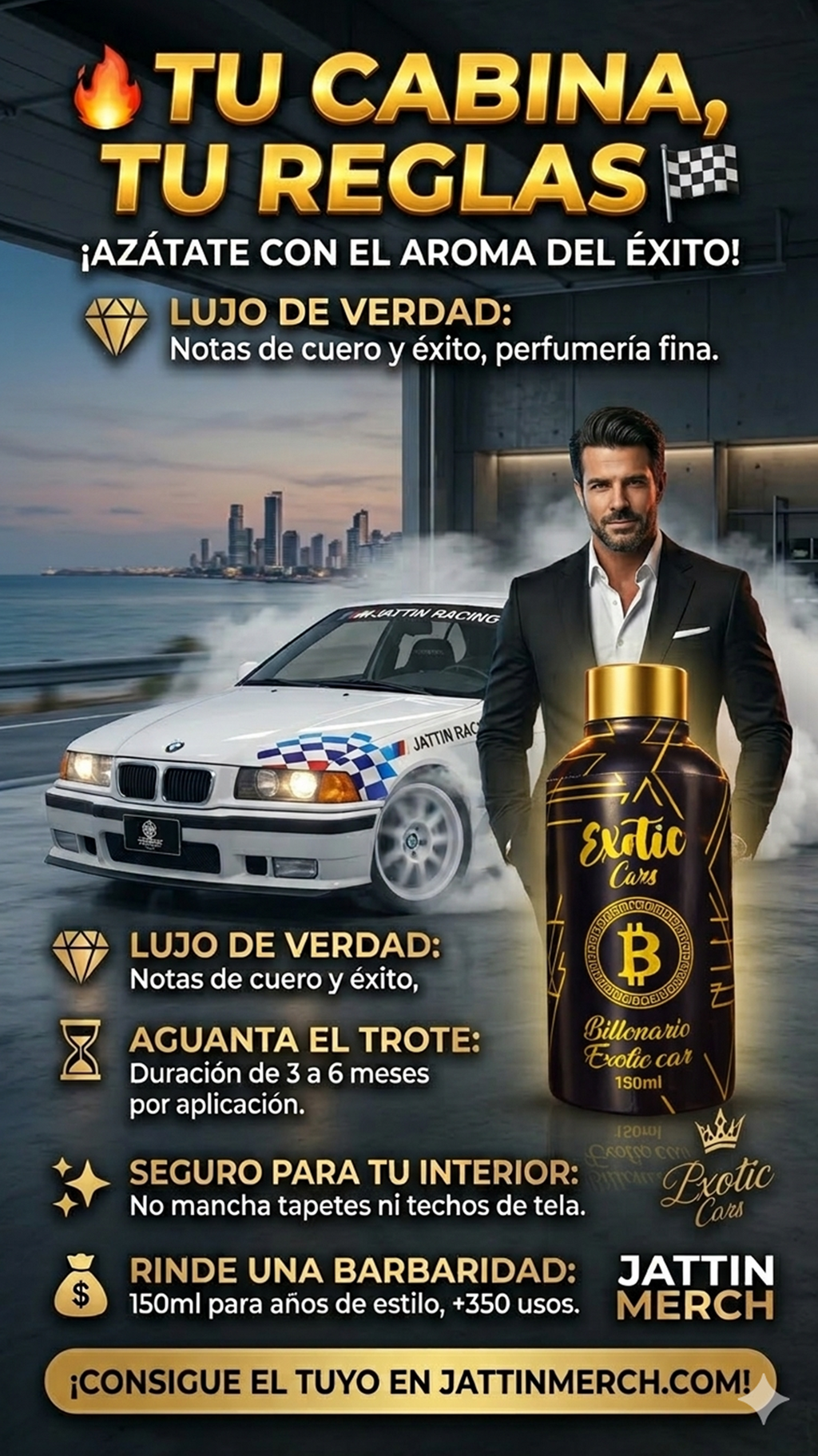 "Fragancia Exotic Carro Nuevo elegancia premium Jattin Racing New Merch aroma a estreno para vehículos"